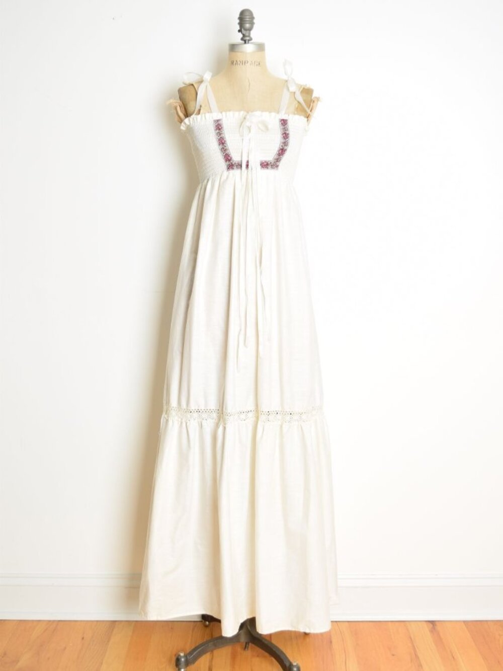 vintage 70s sun dress cream smocked hippie boho long maxi cottagecore tiered XS